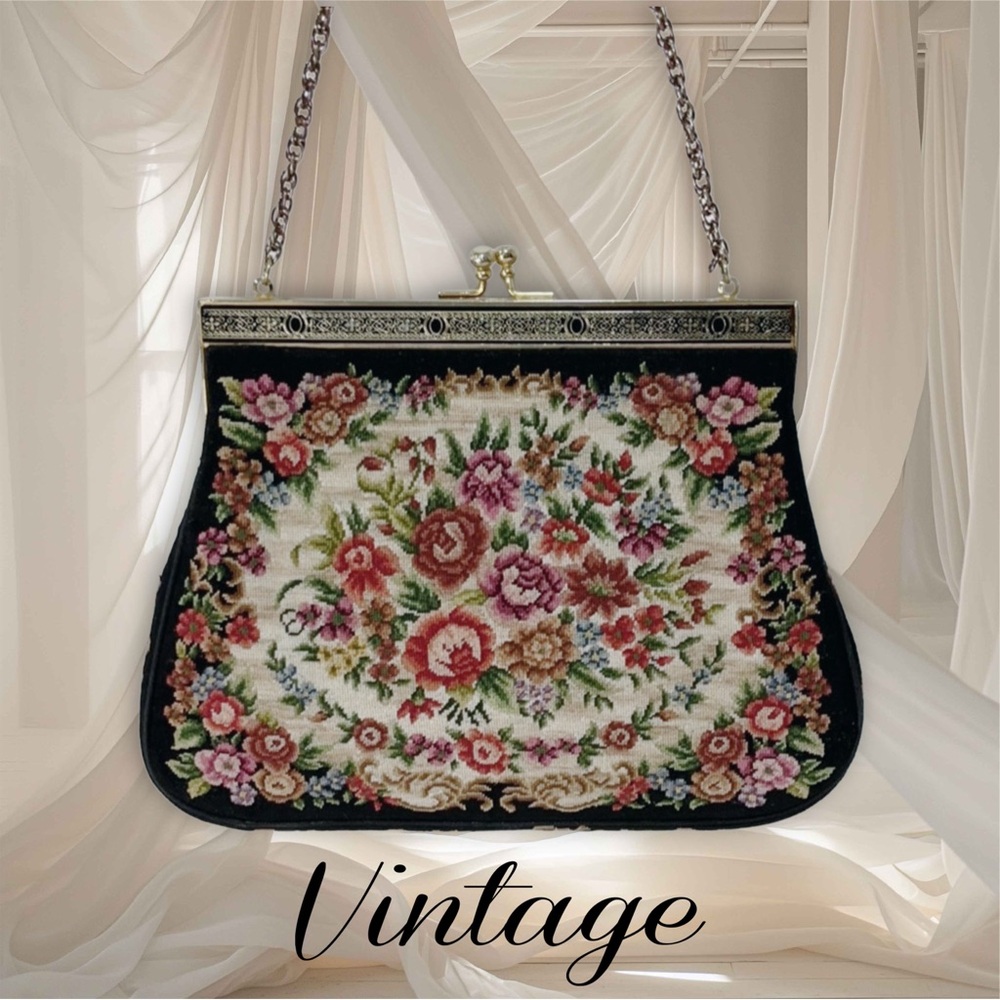 Vintage Petit Point Style Frame Purse Evening Bag Chain Handle Kiss Lock Top